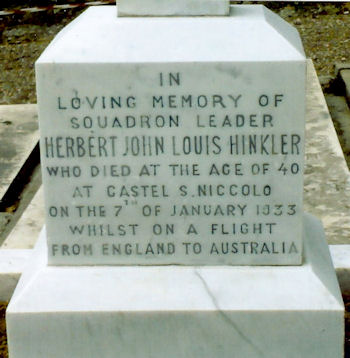 Headstone detail on Bert Hinkler's grave in Florence, Italy.